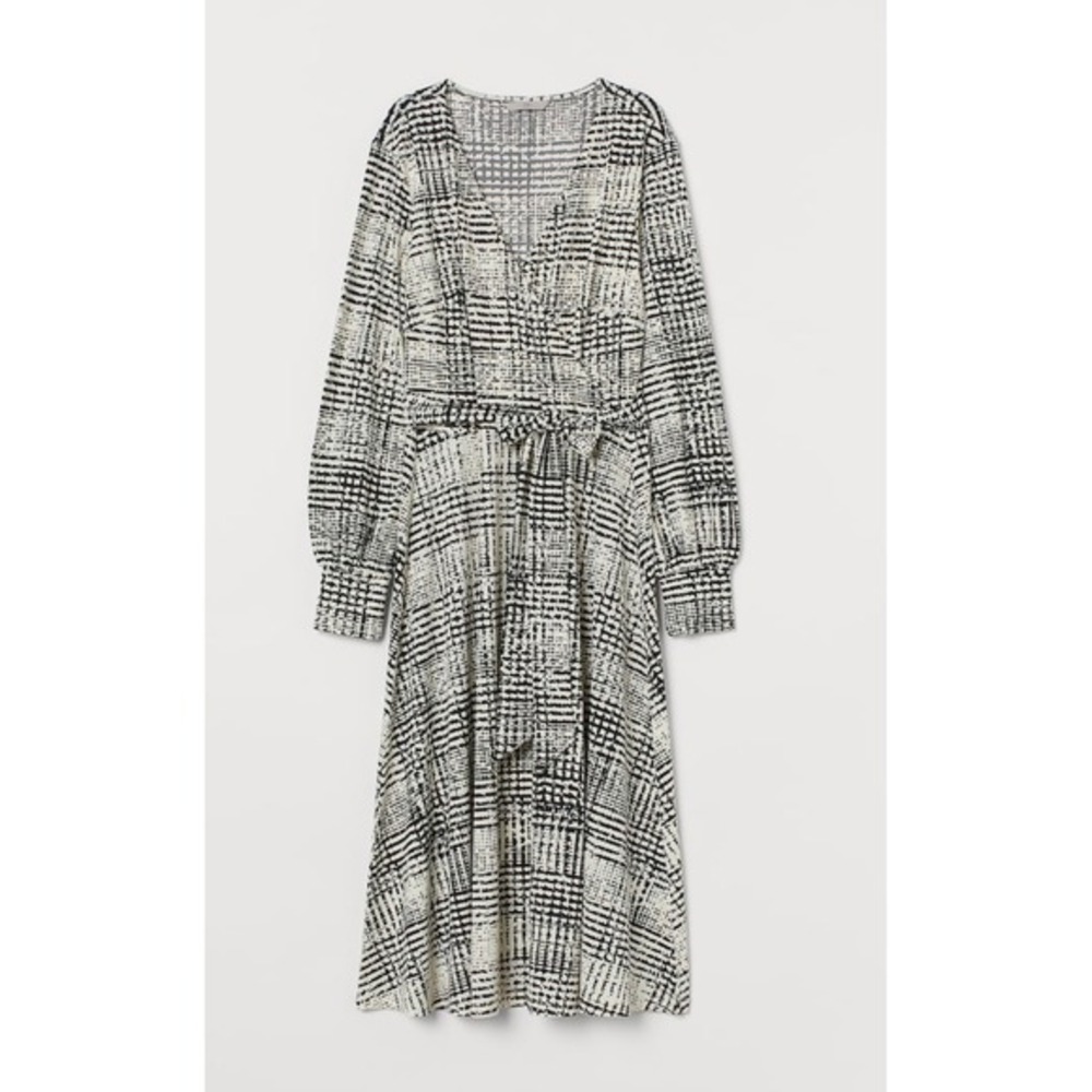 HM Black White Abstract Grid Wrap Midi‎ Dress Long Sleeve XS